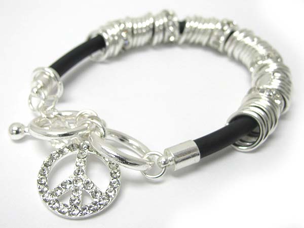 Crystal sole peace charm metal multi ring rubber bracelet