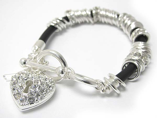 Crystal sole heart lock charm metal multi ring rubber bracelet