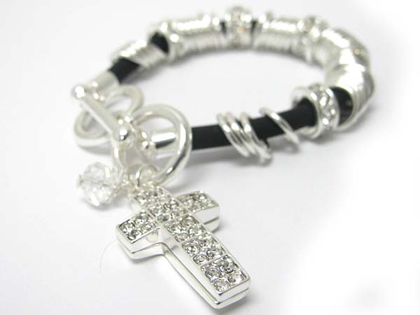 Crystal sole cross charm metal multi ring rubber bracelet