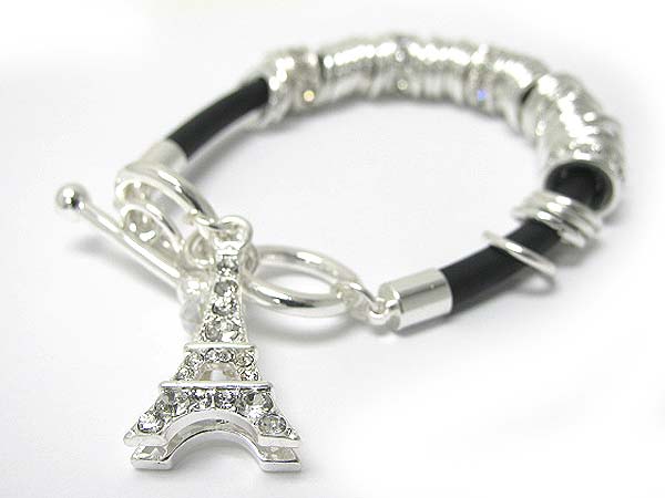 Crystal sole eifel tower charm metal multi ring rubber bracelet