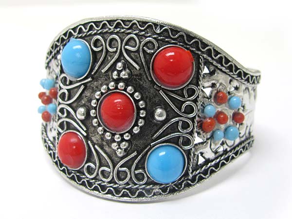 Acryl stone metal textured cuff bangle