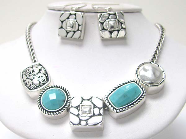 Stone and textured metal link neckalce earring set