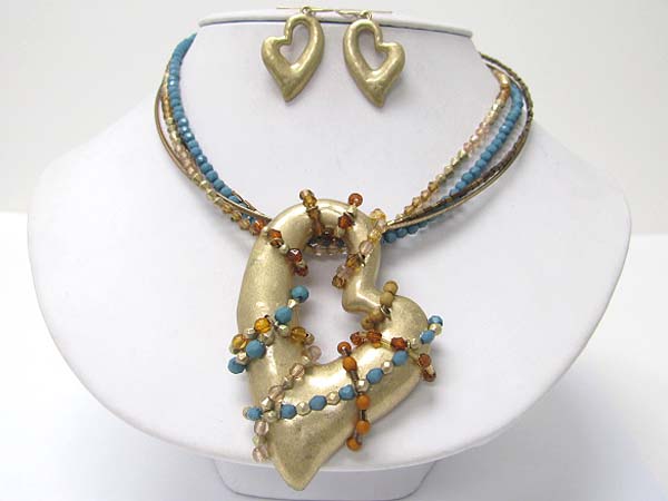 Large heart  metal pendant with mixed stone and beads fusion deco neckalce earring set 