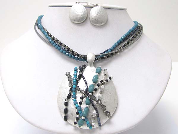 Large round  metal pendant with mixed stone and beads fusion deco neckalce earring set 