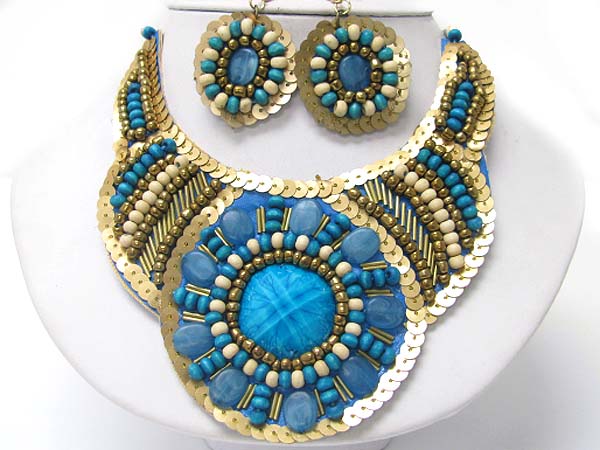 Multi beads ans sequins deco bib style necklace earring set