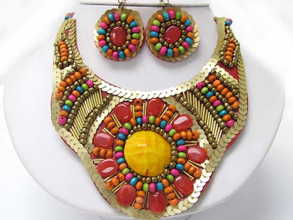 Multi beads ans sequins deco bib style necklace earring set