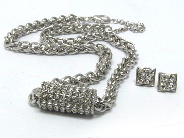 Crystal stud metal tube pendant premium chain necklace earring set