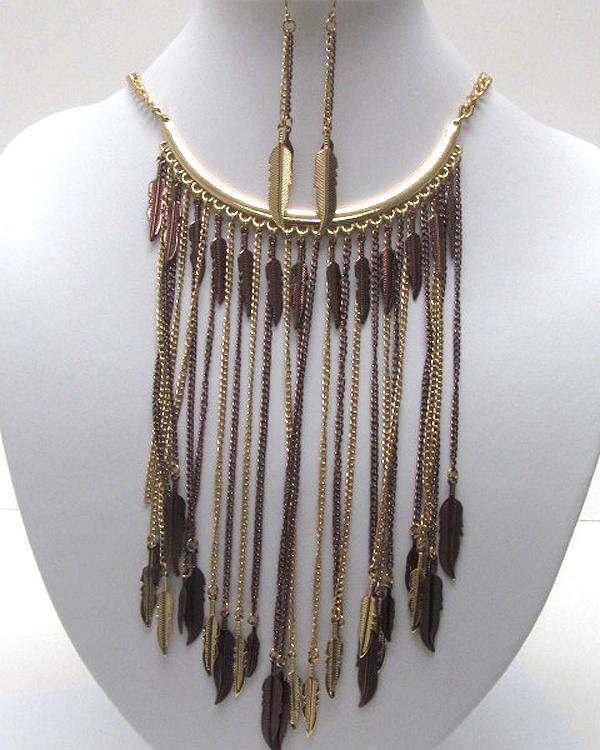 Multi leaves edge metal chain hanging necklace earring set