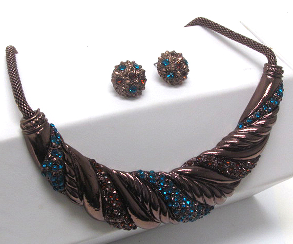 Crystal stud swirl pattern metal arc bib necklace earring set