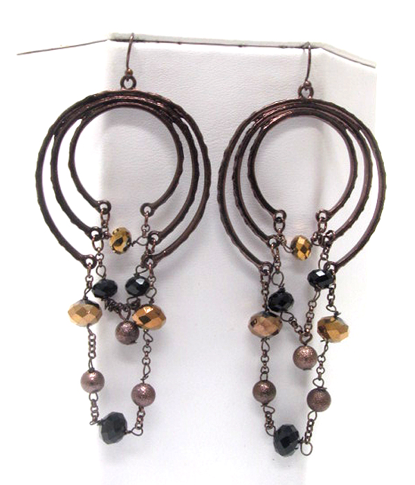 Tri hoop and hanging metal chain and beads drop earring - hoops