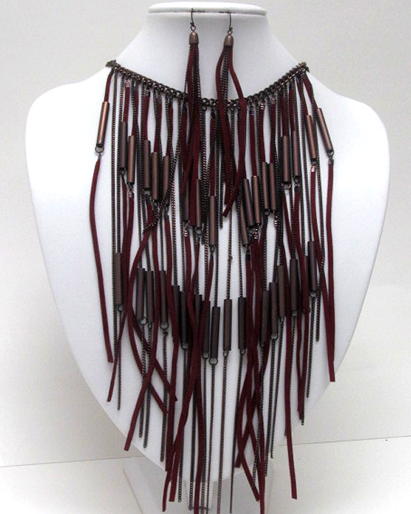 Leather and metal link long hanging drop necklace earring set