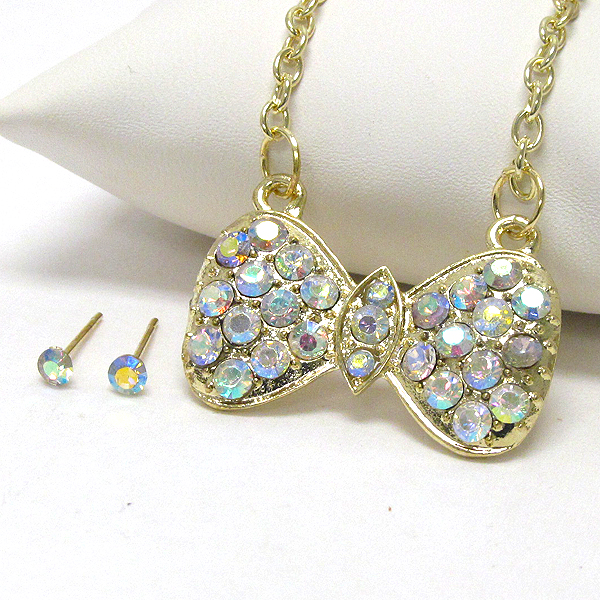 Crystal deco bow pendant necklace earring set