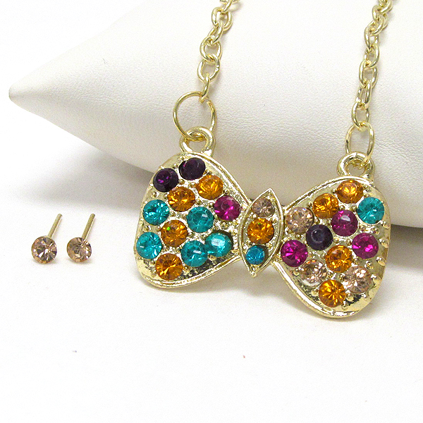 Crystal deco bow pendant necklace earring set