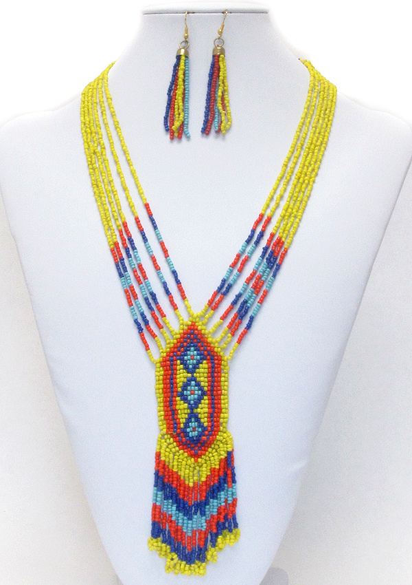 Handmade sead beads multi layer and drop tribal necklace earring set