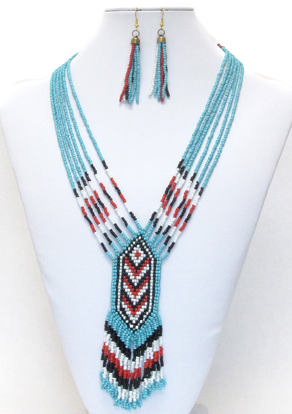 Handmade sead beads multi layer and drop tribal necklace earring set