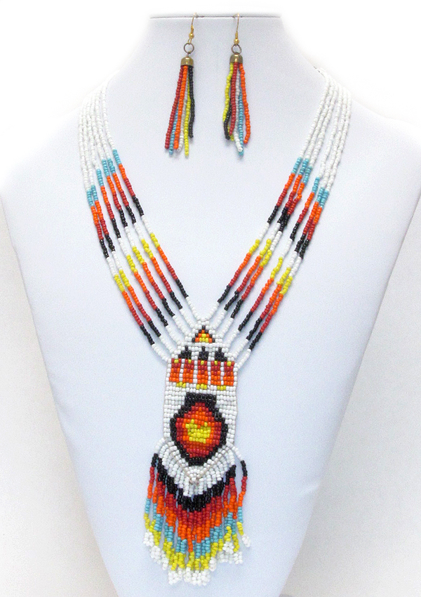 Handmade sead beads multi layer and drop tribal necklace earring set