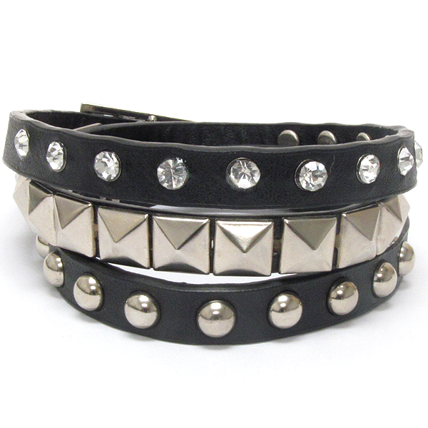 Crystal and stud deco leatherette wrap bracelet