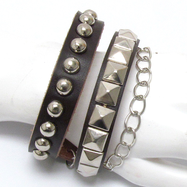 Chain and stud deco leatherette wrap bracelet