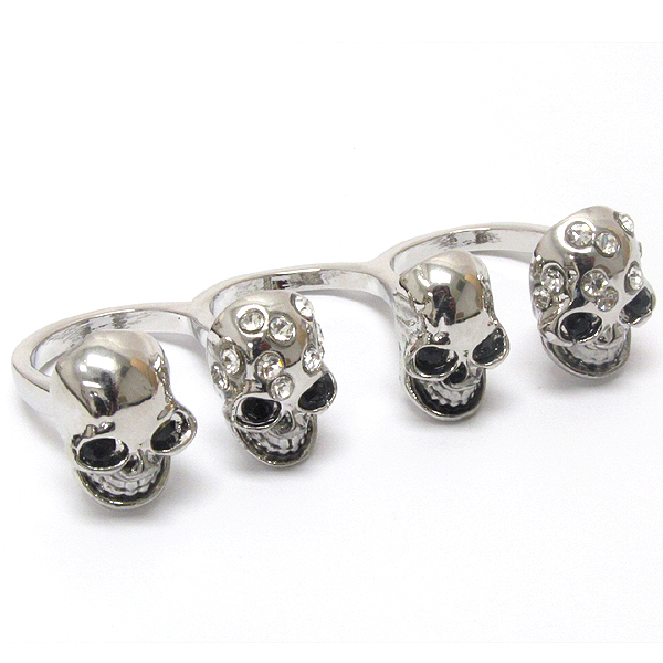 Crystal deco four skull skeleton three finger ring