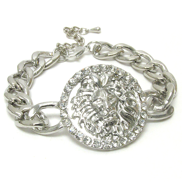 Crystal deco lion head on disk and thick chain rihanna style bracelet