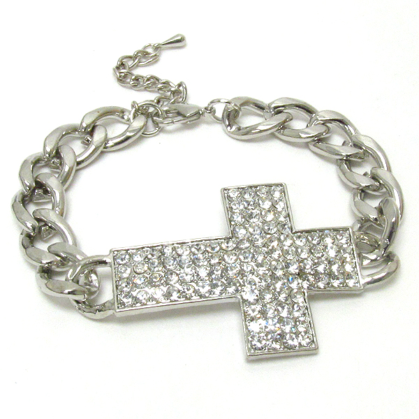 Crystal deco cross and thick chain bracelet