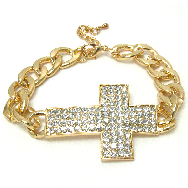 Crystal deco cross and thick chain bracelet