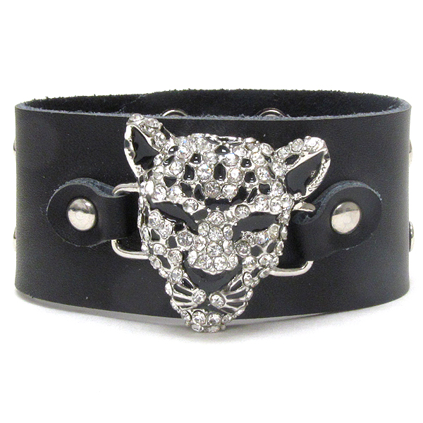 Crystal deco jaguar and leatherette band bracelet