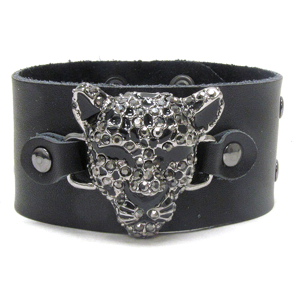 Crystal deco jaguar and leatherette band bracelet