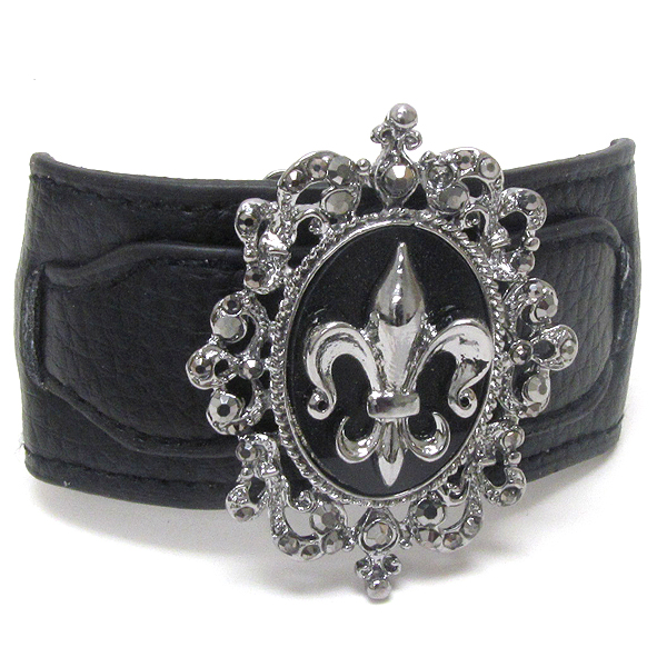 Crystal deco fleur de lis and leatherette band bracelet