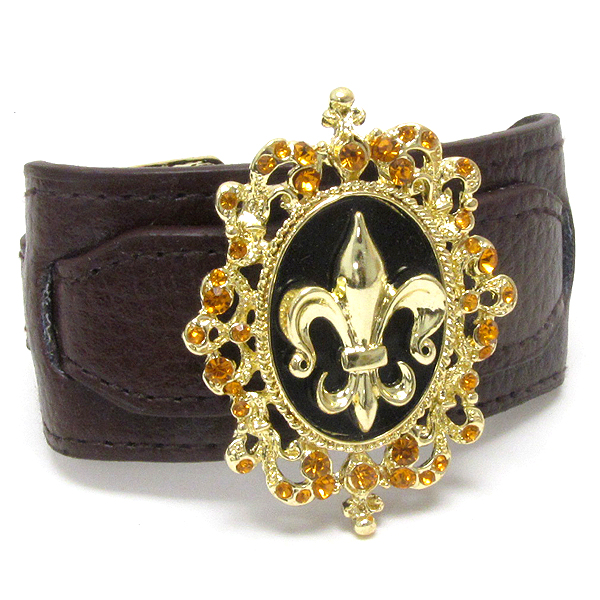 Crystal deco fleur de lis and leatherette band bracelet