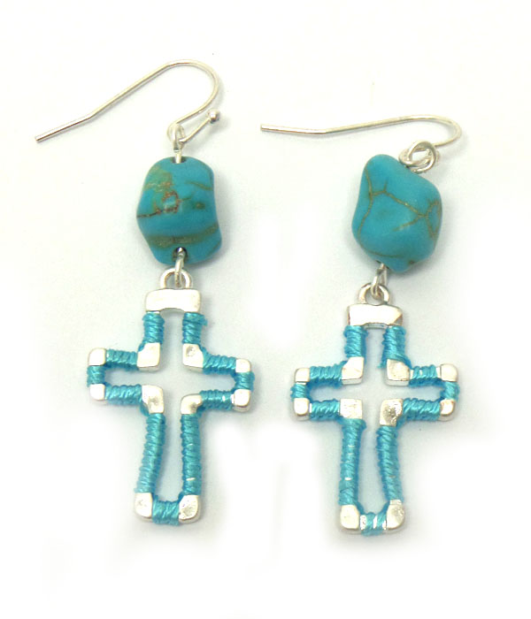 Cut out metal cross wrapped with thread fish hook earrings