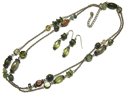 Multi natural stone and beads long necklace and earring set