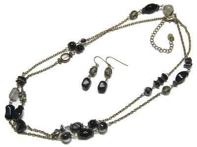 Multi natural stone and beads long necklace and earring set