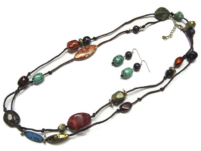 Multi natural stone and patina beads long necklace and earring set