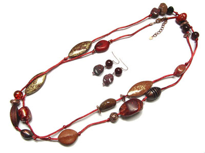 Natural stone and patina beads long necklace and earring set