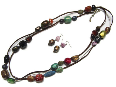 Natural stone and patina beads long necklace and earring set