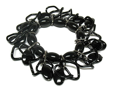 Hematite and jet beads stretch bracelet - metal dangle