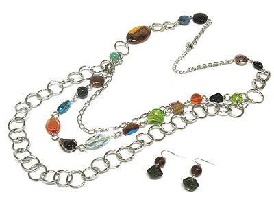 Multi colr murano glass and metal chain long necklace and earring set