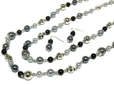 60 inch multi glass beads long necklace and earring set