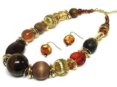 Fall tone muli beads ball and wooden ball necklace and earring set