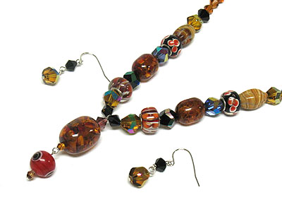 Multi glass beads necklace and earring set