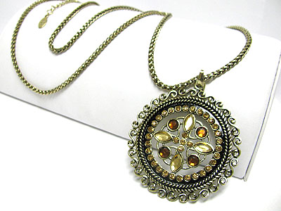 Crystal and metal filigree round pendant long necklace