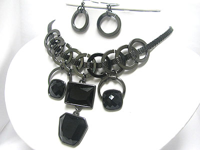 Facet onyx stone drop metal round link necklace earring set