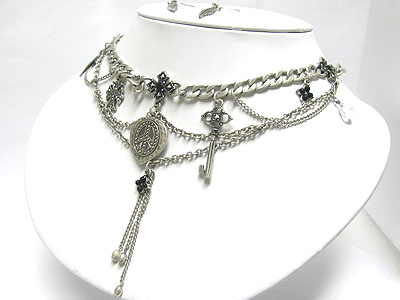 Multi metal charm and chain hanging drop necklace earring set