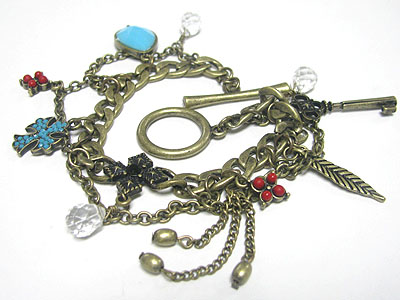 Multi metal charm dangle chain bracelet