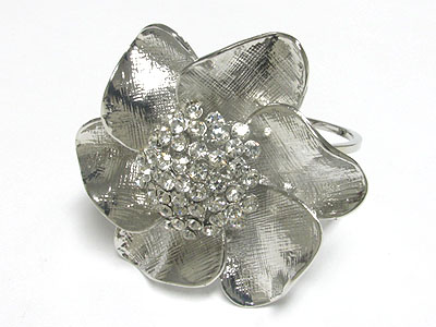 Crystal centered large metal flower hinge bangle