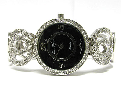 Crystal deco metal round link band watch