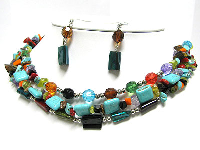 Turquoise and mixed chip stone link necklace earring set