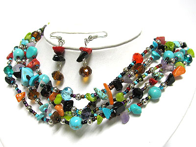 Turquoise and mixed chip stone link necklace earring set