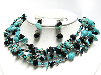 Turquoise and mixed chip stone link necklace earring set